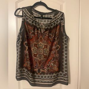 Chicos Black Label Brown print silk blouse tunic 2 chain detail